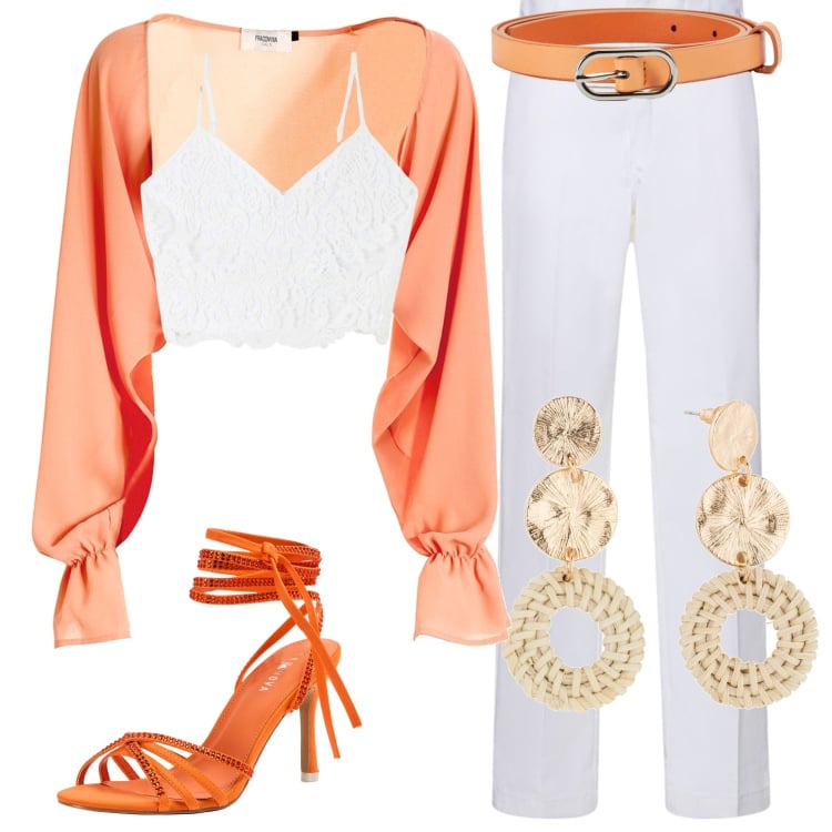 Outfit donna - Orecchino chunky. Stile Casual chic per Serata fuori. Abbinamento con orecchini, top, cinture, sandali alla schiava, blazer, pantaloni.