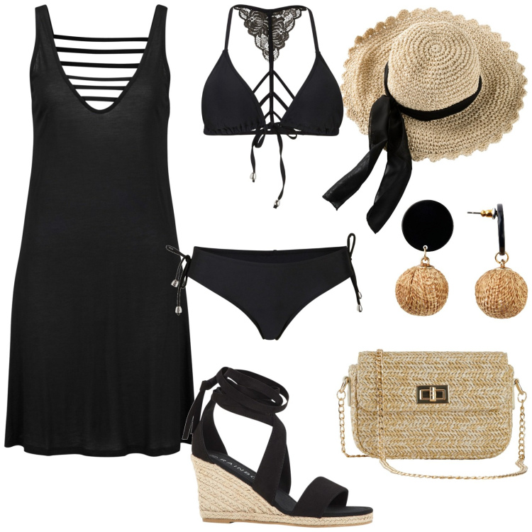 Outfit donna - Bonprix Sunset Look Sexy Beach. Stile Sexy per Mare. Abbinamento con vestiti da spiaggia, cappelli, orecchini, bikini, sandali, borse a mano.