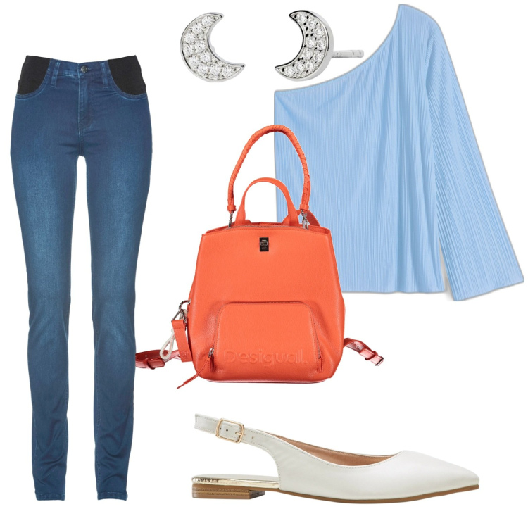 Outfit donna - Jeans. Stile Bon Ton per Tutti i giorni. look ideale per Petite. Abbinamento con jeans skinny, ballerine, bluse, orecchini, zaini.