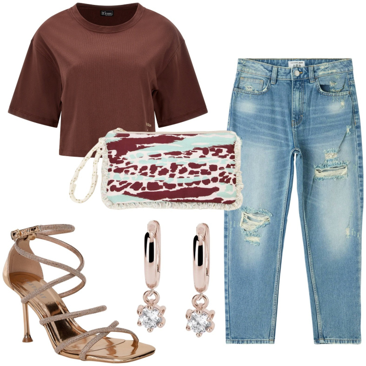 Outfit donna - Jeans strappati. Stile Casual per Tutti i giorni. look ideale per Petite. Abbinamento con jeans mom, sandali col tacco, orecchini, t-shirt, pochette.