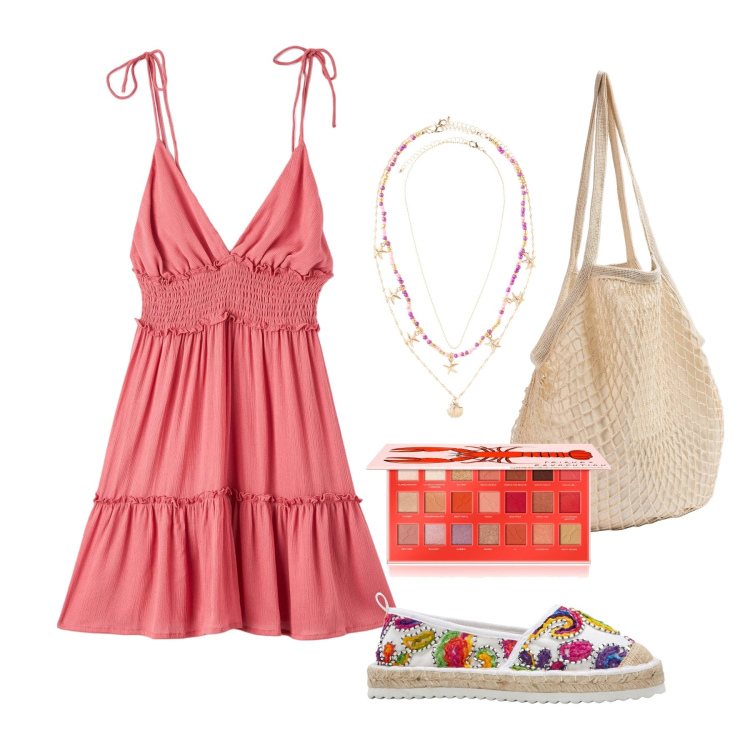 Outfit donna - Ghost outfitter - giugno. Stile Trendy per Mare. Abbinamento con espadrillas, ciondoli, ombretti, vestiti corti, borse a spalla.