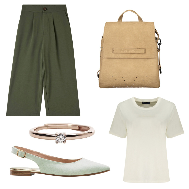 Outfit donna - A lavoro comoda. Stile Rock per Ufficio. Abbinamento con ballerine, pantaloni a palazzo, anelli, zaini, t-shirt.