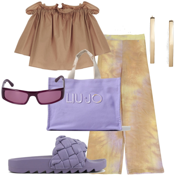Outfit donna - Accessori viola. Stile Bon Ton per Tutti i giorni. look ideale per Petite. Abbinamento con orecchini, pantaloni a palazzo, bluse, ciabatte, occhiali da sole, borse tote.