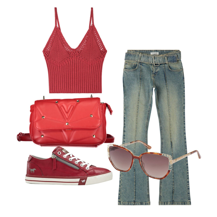 Outfit donna - Ghost outfitter - giugno. Stile Basic per Tutti i giorni. Abbinamento con sneakers, jeans a zampa, top, occhiali da sole, borse a tracolla.