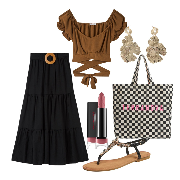 Outfit donna - Ghost outfitter - giugno. Stile Trendy per Tutti i giorni. Abbinamento con rossetti, bluse, gonne lunghe, shopping bag, sandali gioiello, orecchini.