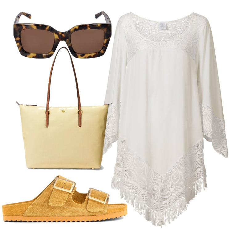 Outfit donna - Passeggiata mattutina. Stile Chic per Mare. look ideale per Petite. Abbinamento con vestiti da spiaggia, borse tote, sandali, occhiali da sole.