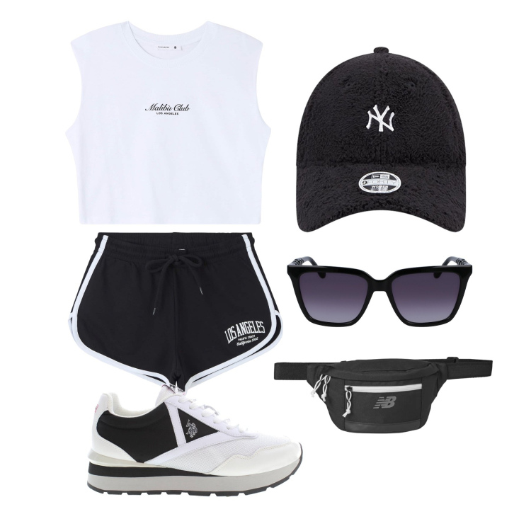 Outfit donna - Ghost outfitter - giugno. Stile Sporty chic per Sport. Abbinamento con shorts, t-shirt, marsupi, scarpe sportive, occhiali da sole, cappelli.