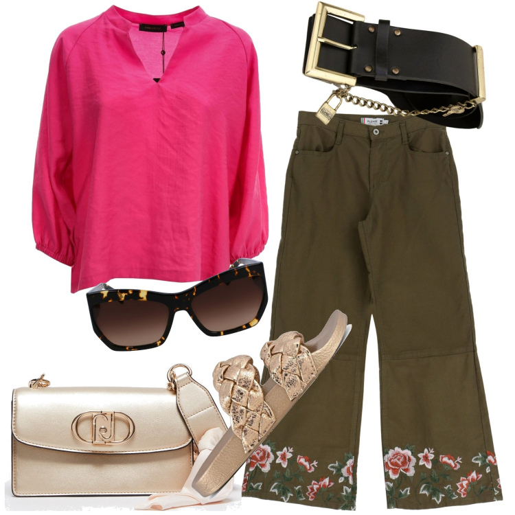 Outfit donna - Total look #1897613. Stile Casual per Tutti i giorni. Abbinamento con pantaloni, cinture, ciabatte, bluse, borse a spalla, occhiali da sole.