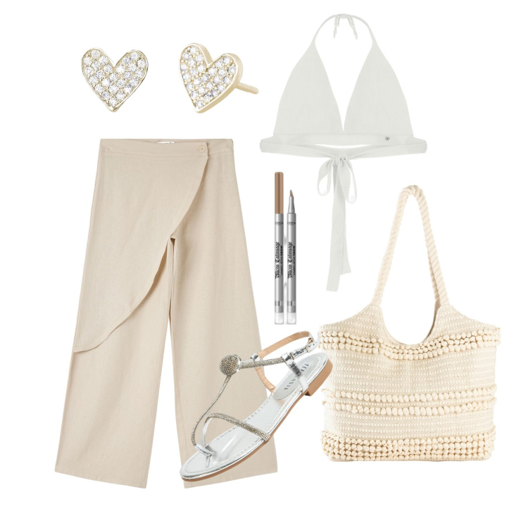 Outfit donna - Ghost outfitter - giugno. Stile Casual chic per Tutti i giorni. Abbinamento con shopping bag, eyeliner, pantaloni, ciabatte, orecchini, top.