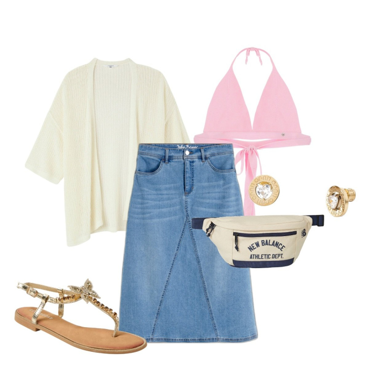 Outfit donna - Gli essentials x l\'estate. Stile Basic per Tutti i giorni. Abbinamento con gonne, sandali gioiello, kimono, marsupi, top, orecchini.