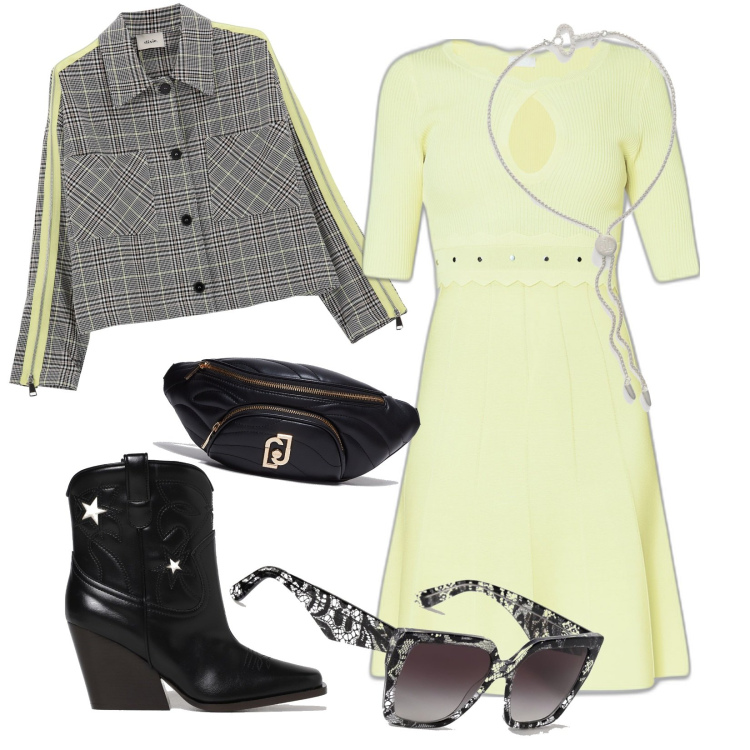 Outfit donna - Un tocco di originalità. Stile Casual chic per Tutti i giorni. Abbinamento con braccialetti, blazer, vestiti, marsupi, stivaletti texani, occhiali da sole.