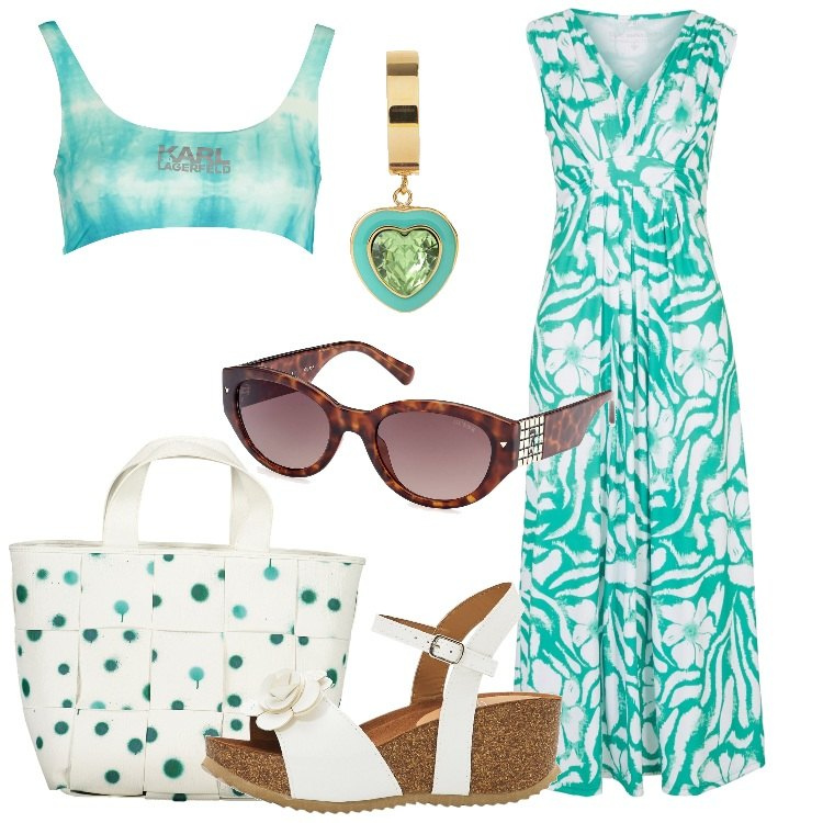 Outfit donna - Verde acqua. Stile Romantica per Mare. Abbinamento con sandali, vestiti lunghi, occhiali da sole, borse a spalla, orecchini, costumi.