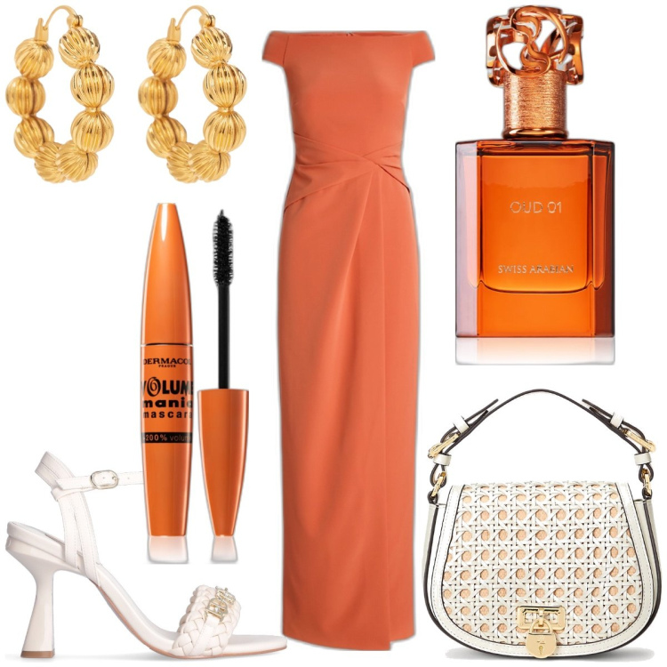 Outfit donna - Total look #1897644. Stile Chic per Cerimonia. Abbinamento con orecchini, mascara, profumi, vestiti lunghi, borse a tracolla, sandali col tacco.