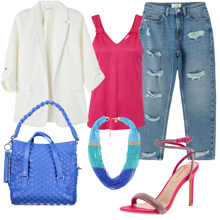 Outfit donna - Blazer & jeans. Stile Casual chic per Serata fuori. Abbinamento con top, jeans mom, sandali col tacco, blazer, collane, borse a spalla.