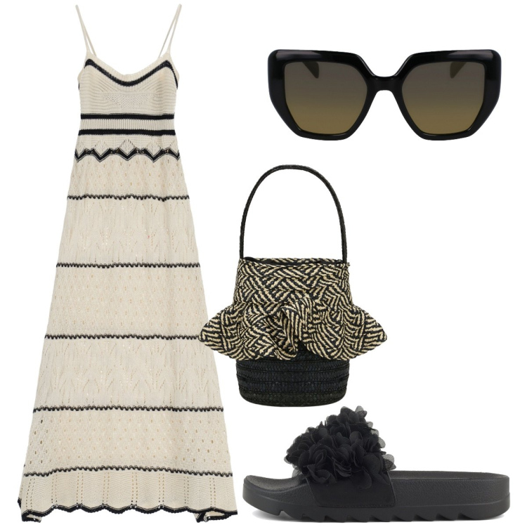 Outfit donna - Total look #1897665. Stile Glamour per Serata fuori. Abbinamento con vestiti lunghi, borse a secchiello, ciabatte, occhiali da sole.