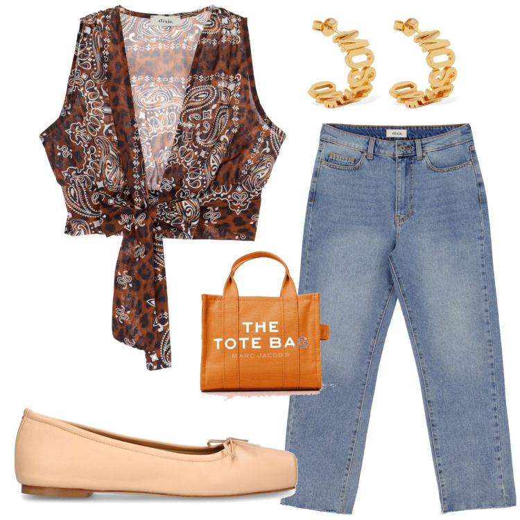 Outfit donna - Jeans. Stile Boho per Tutti i giorni. look ideale per Petite. Abbinamento con jeans slim fit, top, borse tote, ballerine, orecchini.