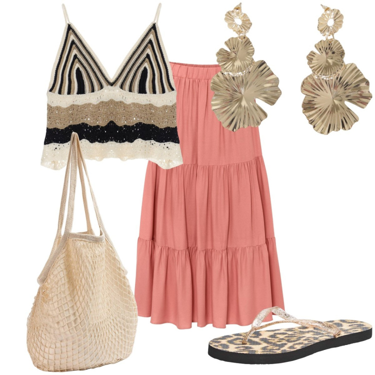 Outfit donna - Total look #1897669. Stile Boho Abbinamento con gonne longuette, infradito, borse a spalla, top, orecchini.