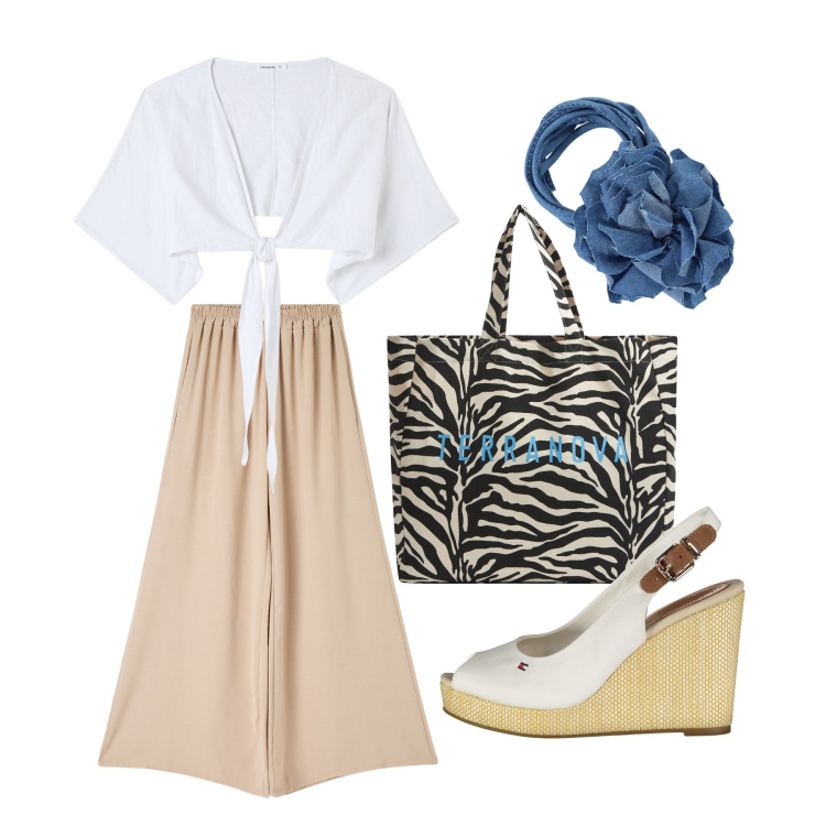 Outfit donna - Ghost outfitter - giugno. Stile Casual chic per Tutti i giorni. Abbinamento con borse tote, pantaloni, camicie, collane, sandali.
