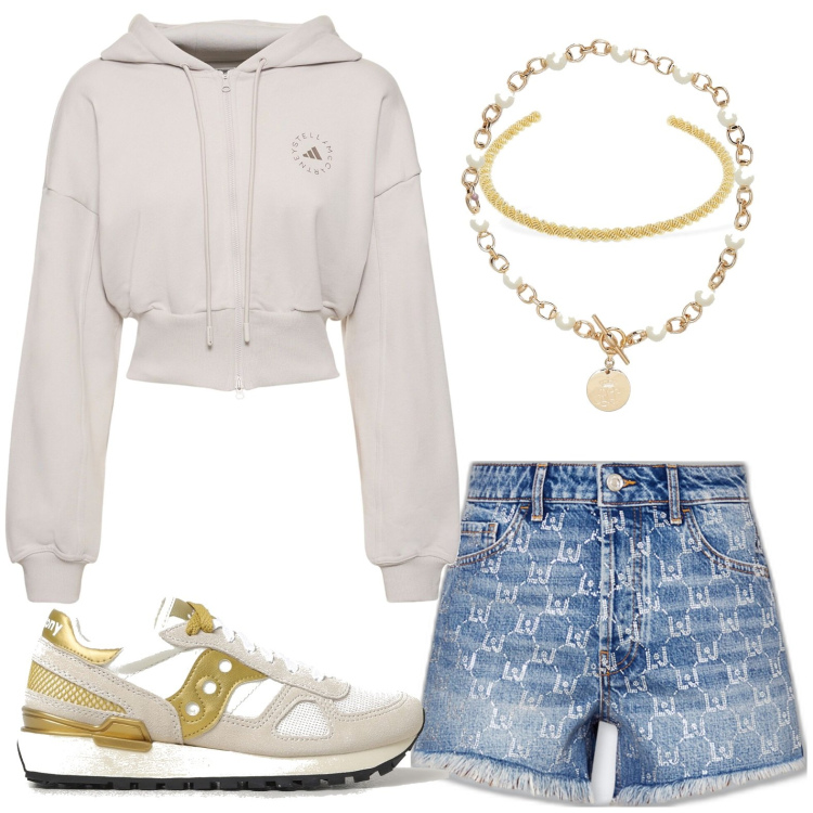 Outfit donna - Short. Stile Casual chic per Tutti i giorni. look ideale per Petite. Abbinamento con collane, collane, felpe con cappuccio, shorts, sneakers.