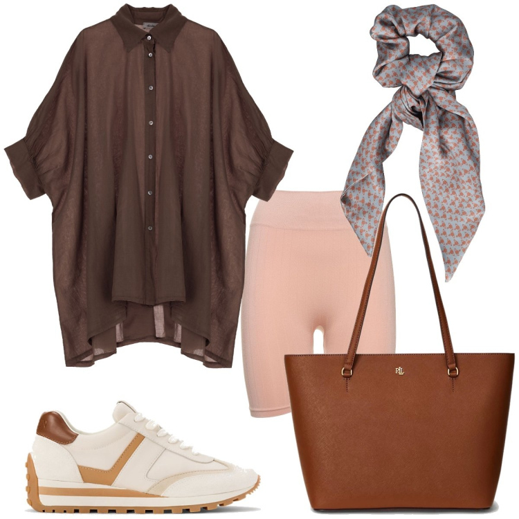 Outfit donna - Total look #1897691. Stile Casual per Tutti i giorni. Abbinamento con camicie, borse tote, sneakers, shorts, accessori per capelli.