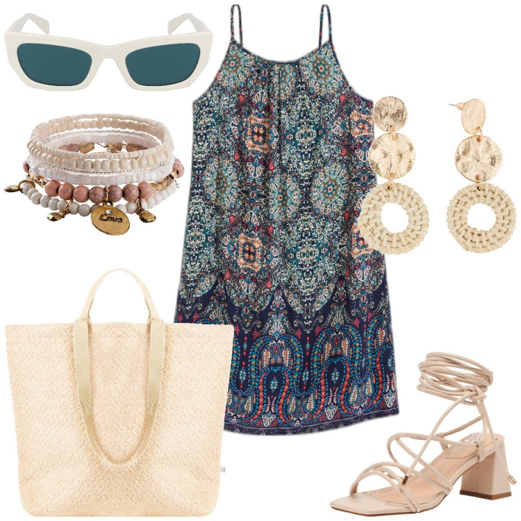 Outfit donna - Total look #1897692. Stile Casual per Tutti i giorni. Abbinamento con vestiti, orecchini, braccialetti, sandali alla schiava, borse tote, occhiali da sole.