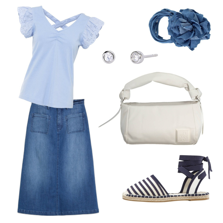 Outfit donna - A lavoro d\'estate. Abbinamento con gonne longuette, orecchini, espadrillas, orecchini, collane, borse a spalla.