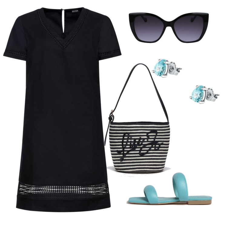 Outfit donna - Bon ton in nero e turchese. Stile Bon Ton per Tutti i giorni. Abbinamento con vestiti, orecchini, borse a secchiello, sandali, sandali in pelle, occhiali da sole.