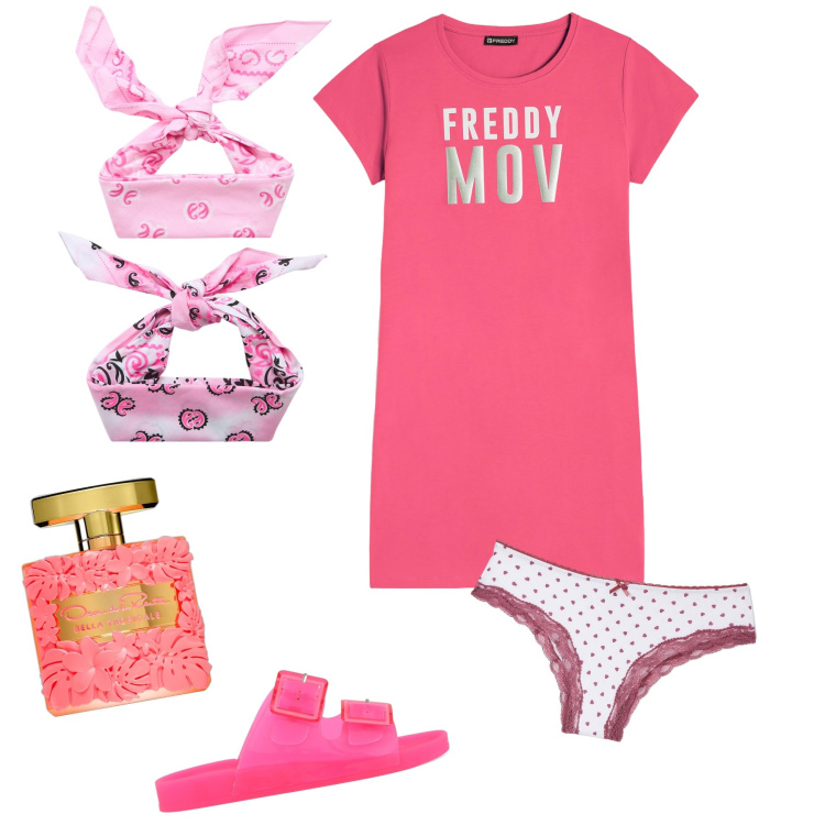 Outfit donna - Comoda serata a casa. Stile Basic per Tutti i giorni. Abbinamento con profumi, fasce per capelli, culotte, vestiti corti, sandali.