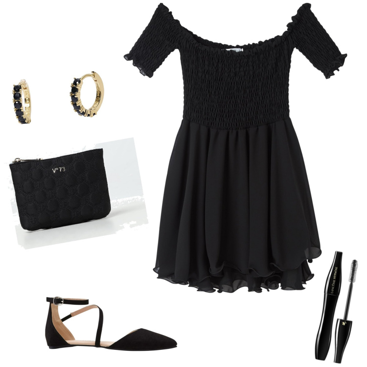 Outfit donna - Serata in black… Coco docet. Stile Glamour per Serata fuori. Abbinamento con ballerine, mascara, vestiti corti, orecchini, clutch.
