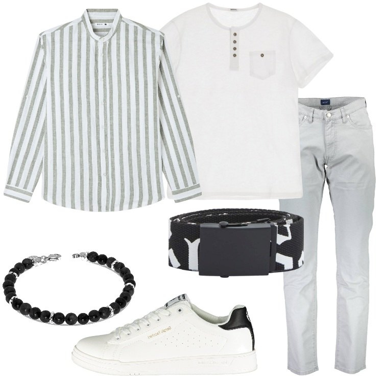 Outfit uomo - La camicia a righe. Stile Casual per Serata speciale. Abbinamento con camicie, cinture, t-shirt, scarpe sportive, pantaloni, braccialetti.