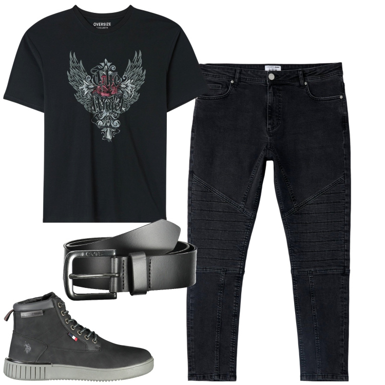 Outfit uomo - Total look #1897740. Stile Biker Rock per Serata speciale. Abbinamento con t-shirt, jeans skinny, stivali, cinture.