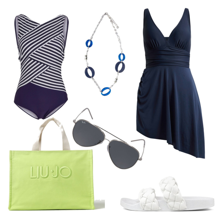 Outfit donna - Total look #1897745. Abbinamento con costumi interi, vestiti da spiaggia, occhiali da sole, borse tote, ciondoli, ciabatte.