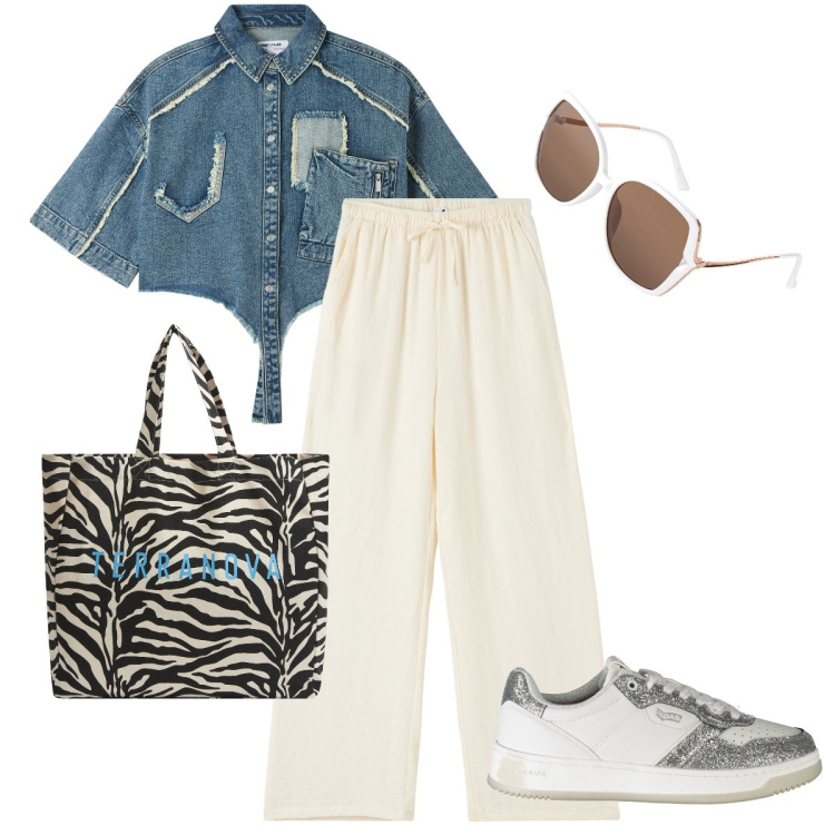 Outfit donna - La camicia crop in jeans. Stile Basic per Tutti i giorni. Abbinamento con occhiali da sole, borse tote, camicie a manica corta, pantaloni, sneakers.