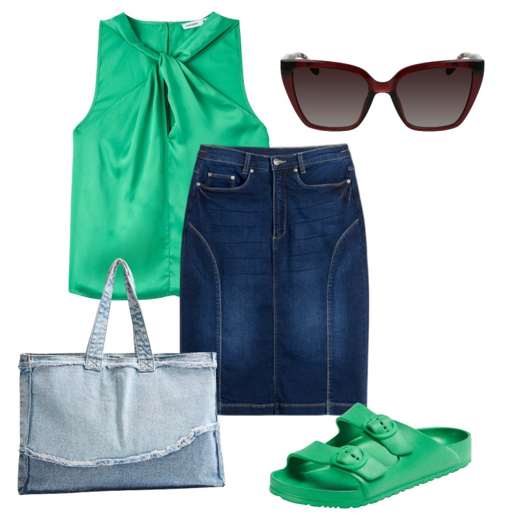 Outfit donna - Blusa e ciabatte verde prato. Stile Casual chic per Tutti i giorni. Abbinamento con gonne, sandali in pelle, top, shopping bag, occhiali da sole.