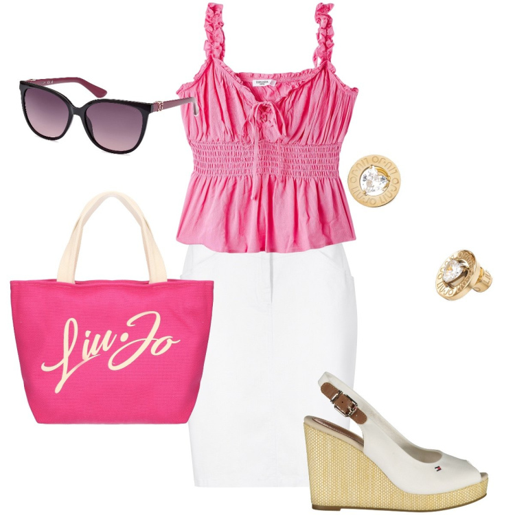 Outfit donna - Con la gonna a tubino. Stile Romantica per Tutti i giorni. Abbinamento con gonne, top, sandali, shopping bag, occhiali da sole, orecchini.