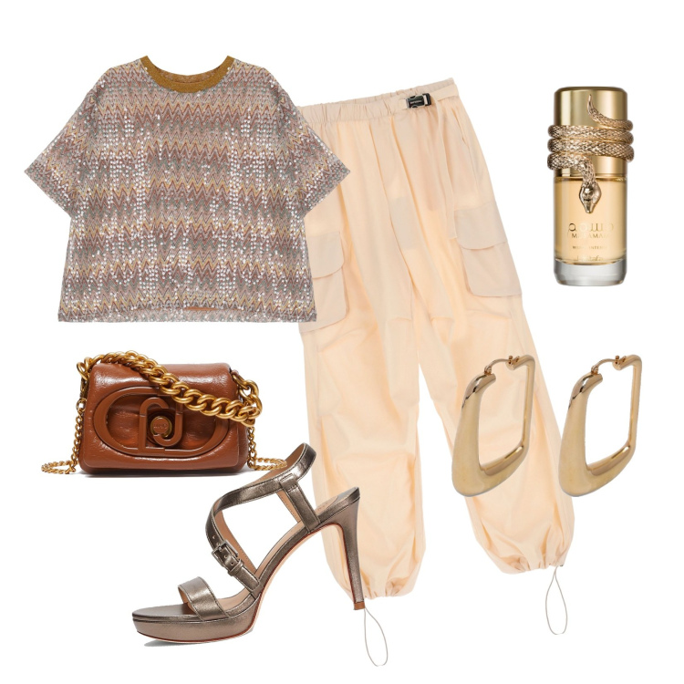 Outfit donna - Chunky!!!. Stile Glamour per Serata fuori. Abbinamento con profumi, pantaloni cargo, t-shirt, sandali in pelle, borse a mano, orecchini.