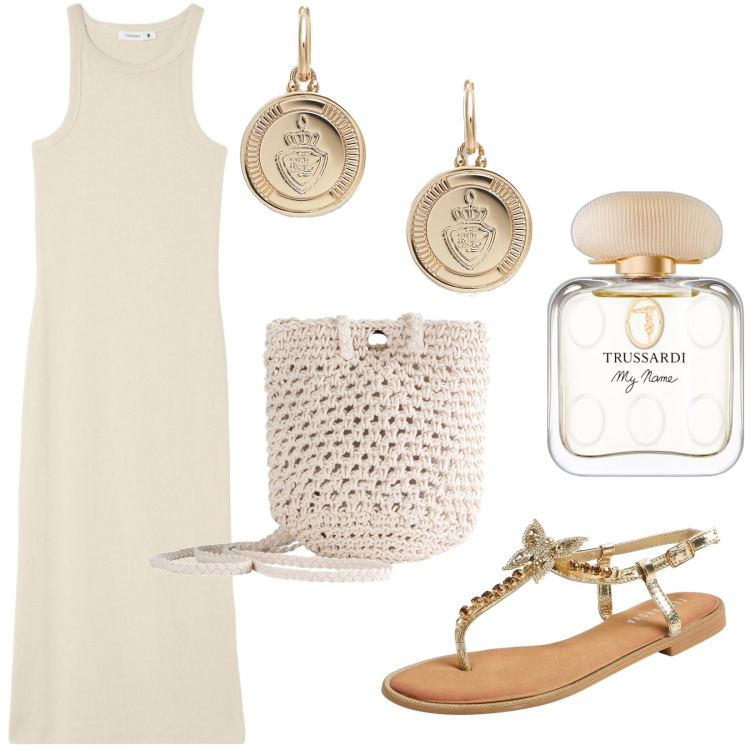 Outfit donna - Total look #1897760. Stile Boho per Tutti i giorni. Abbinamento con borse a tracolla, profumi, vestiti lunghi, sandali gioiello, orecchini.