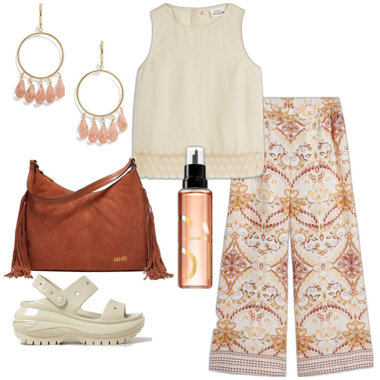 Outfit donna - Total look #1897762. Stile Etnico per Tutti i giorni. Abbinamento con pantaloni a palazzo, top, profumi, orecchini, sandali, borse a spalla.