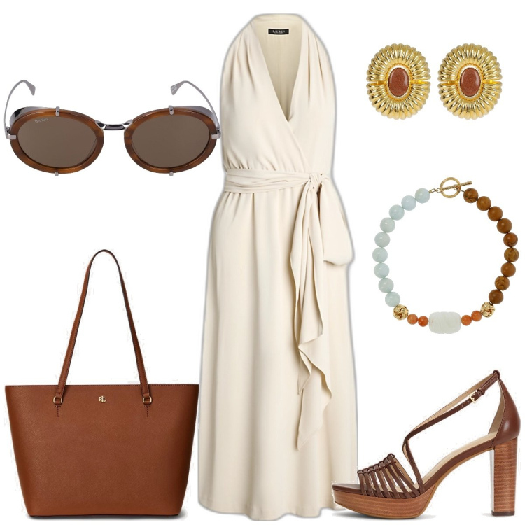 Outfit donna - Total look #1897767. Stile Chic per Tutti i giorni. Abbinamento con vestiti senza maniche, borse tote, sandali in pelle, collane, occhiali da sole, orecchini.