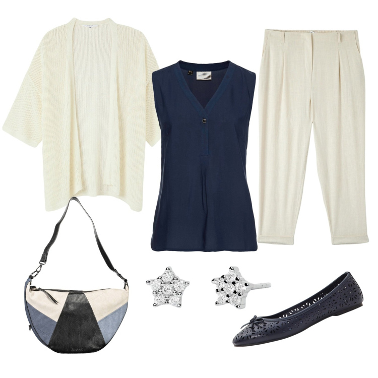 Outfit donna - Total look #1897769. Abbinamento con top, ballerine, kimono, pantaloni chino, orecchini, borse a tracolla.