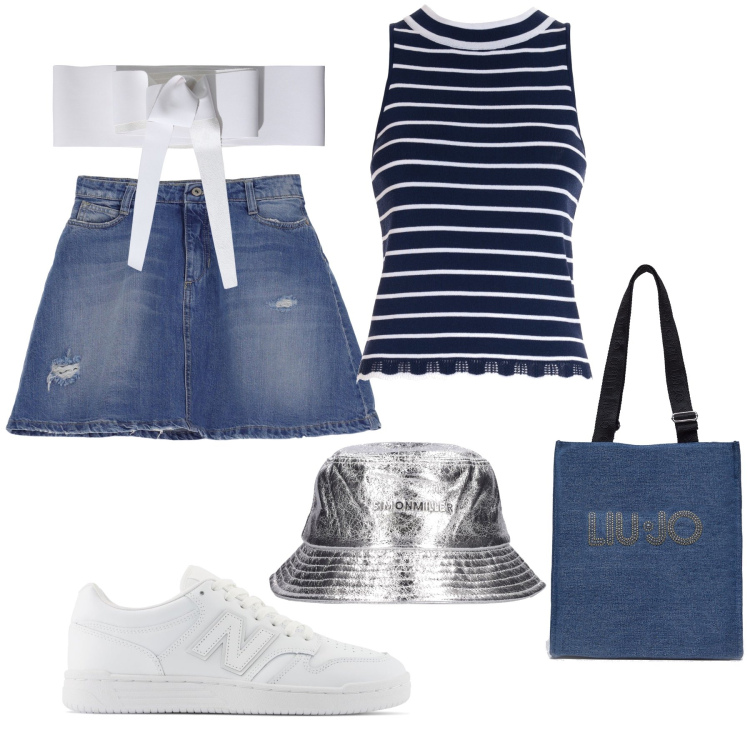 Outfit donna - La cintura a fiocco e il bucket argento. Stile Casual per Tutti i giorni. Abbinamento con minigonne, sneakers, cinture, top, shopping bag, cappelli.