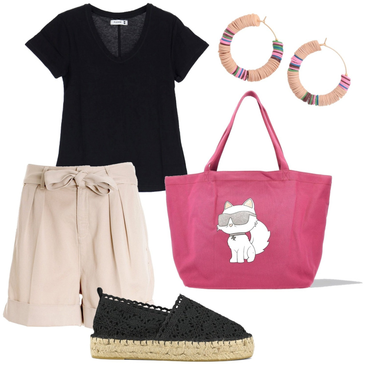 Outfit donna - Total look #1897797. Stile Casual per Tutti i giorni. Abbinamento con orecchini, t-shirt, pantaloni corti, espadrillas, borse tote.