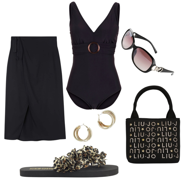 Outfit donna - Curvy in spiaggia con classe. Stile Glamour per Mare. Abbinamento con costumi interi, occhiali da sole, vestiti da spiaggia, orecchini, borse a mano, infradito.
