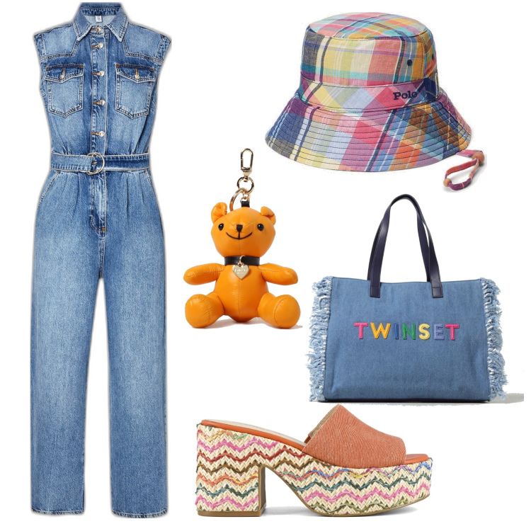 Outfit donna - Colorata con l’orsacchiotto e il bob. Stile Casual per Tutti i giorni. Abbinamento con cappelli, sandali, tute, borse tote, portachiavi.