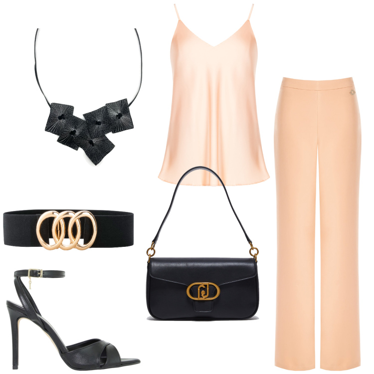 Outfit donna - Pranzo formale. Stile Chic per Tutti i giorni. Abbinamento con cinture, ciondoli, top, pantaloni a palazzo, décolleté, borse a tracolla.