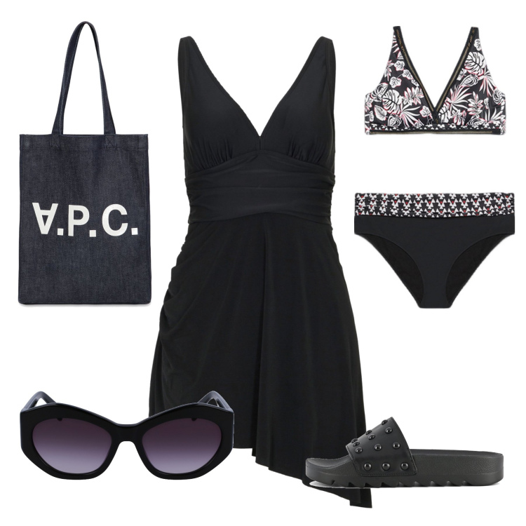 Outfit donna - Total look #1897848. Stile Urban per Mare. Abbinamento con vestiti da spiaggia, bikini, occhiali da sole, ciabatte, shopping bag.