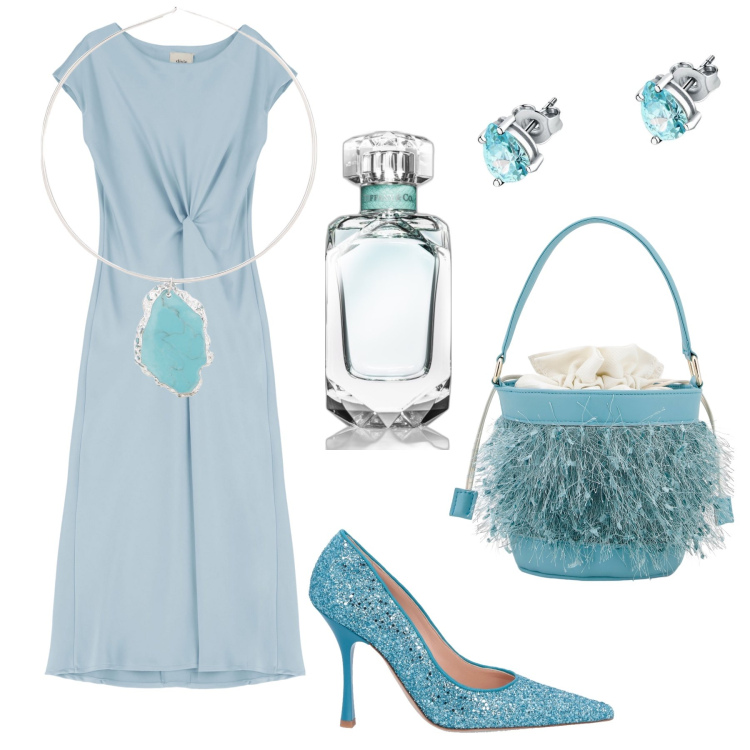 Outfit donna - La borsa secchiello per una cerimonia. Stile Chic per Cerimonia. Abbinamento con orecchini, profumi, ciondoli, borse a secchiello, vestiti midi/longuette, décolleté.