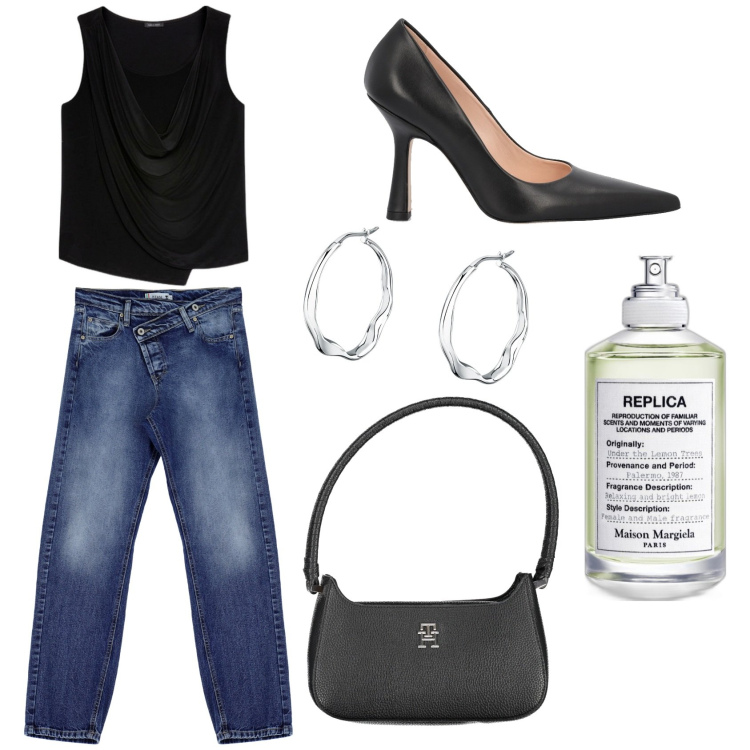 Outfit donna - Female casual. Stile Casual chic per Serata fuori. Abbinamento con orecchini, top, profumi, jeans dritti, borse a spalla, décolleté.