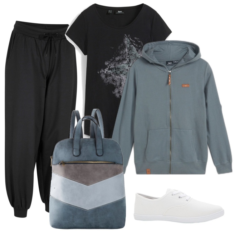 Outfit donna - Total look #1897864. Stile Trendy per Tutti i giorni. Abbinamento con felpe con cappuccio, sneakers, t-shirt, zaini, pantaloni.