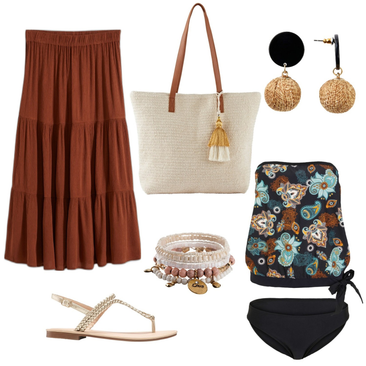 Outfit donna - Subito pronta x il mare. Abbinamento con gonne longuette, ciabatte, braccialetti, orecchini, costumi interi, shopping bag.